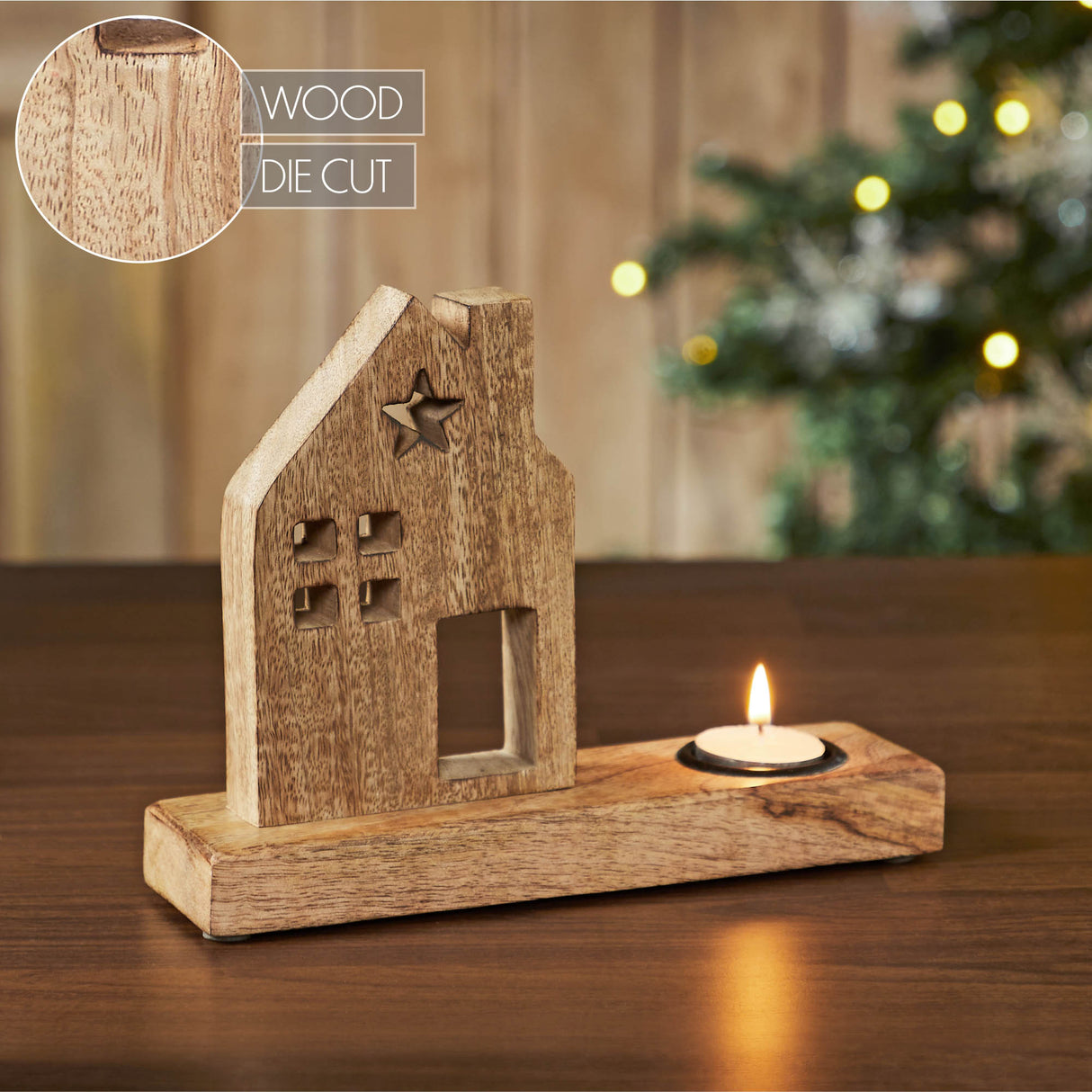 Tropical Wood Tealight Holder Wooden Saltbox House w/ Star Natural