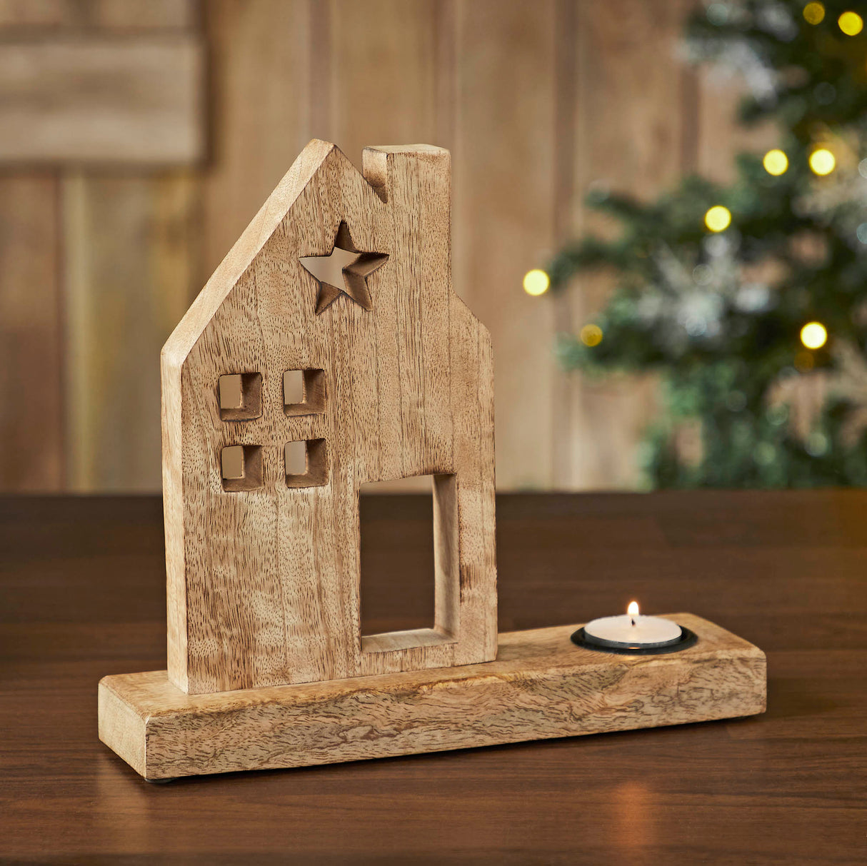 Tropical Wood Tealight Holder Wooden Saltbox House w/ Star Natural
