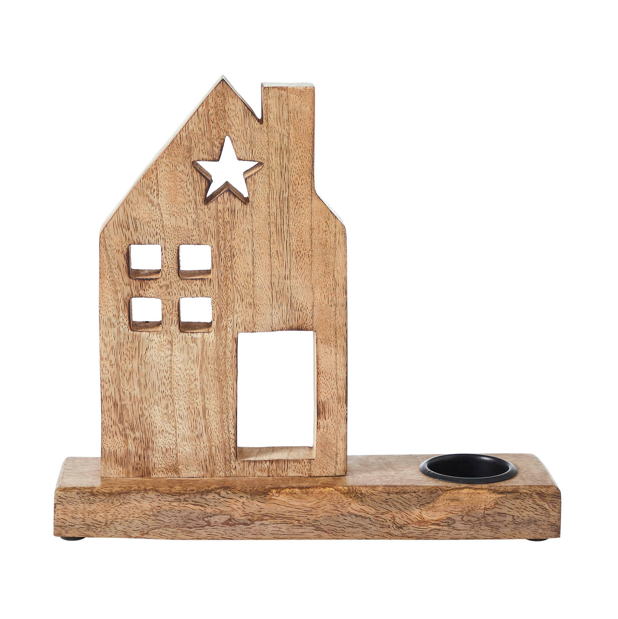 Tropical Wood Tealight Holder Wooden Saltbox House w/ Star Natural
