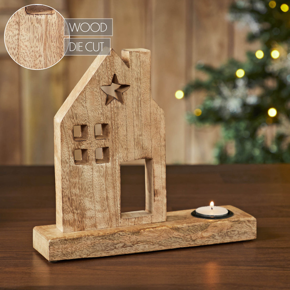 Tropical Wood Tealight Holder Wooden Saltbox House w/ Star Natural
