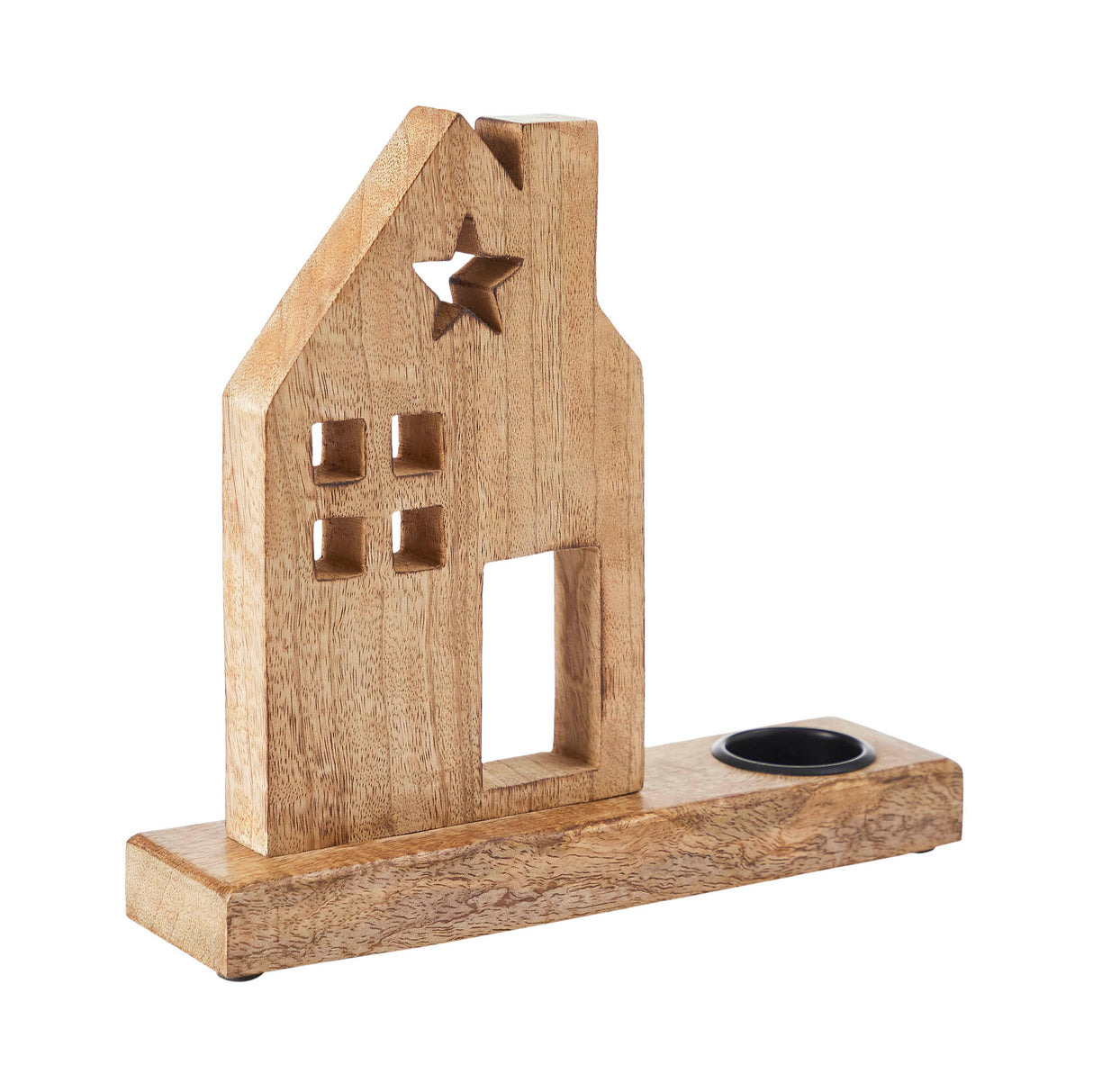 Tropical Wood Tealight Holder Wooden Saltbox House w/ Star Natural