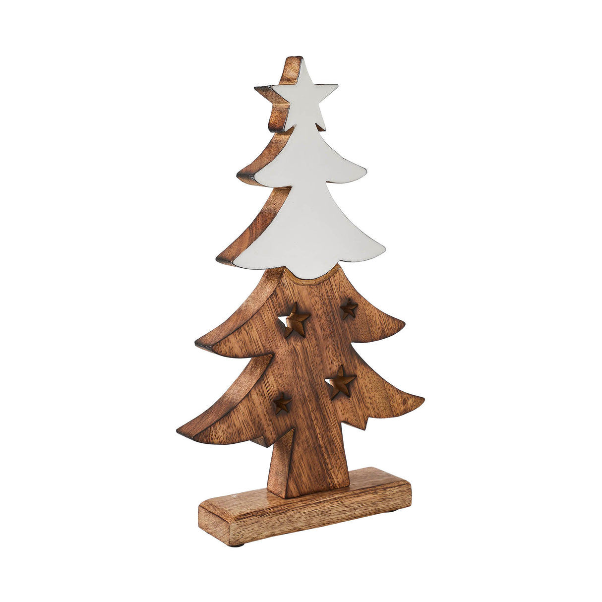 Christmas Tree Two Toned White Natural Wooden Figurine 13.75x8.25x2