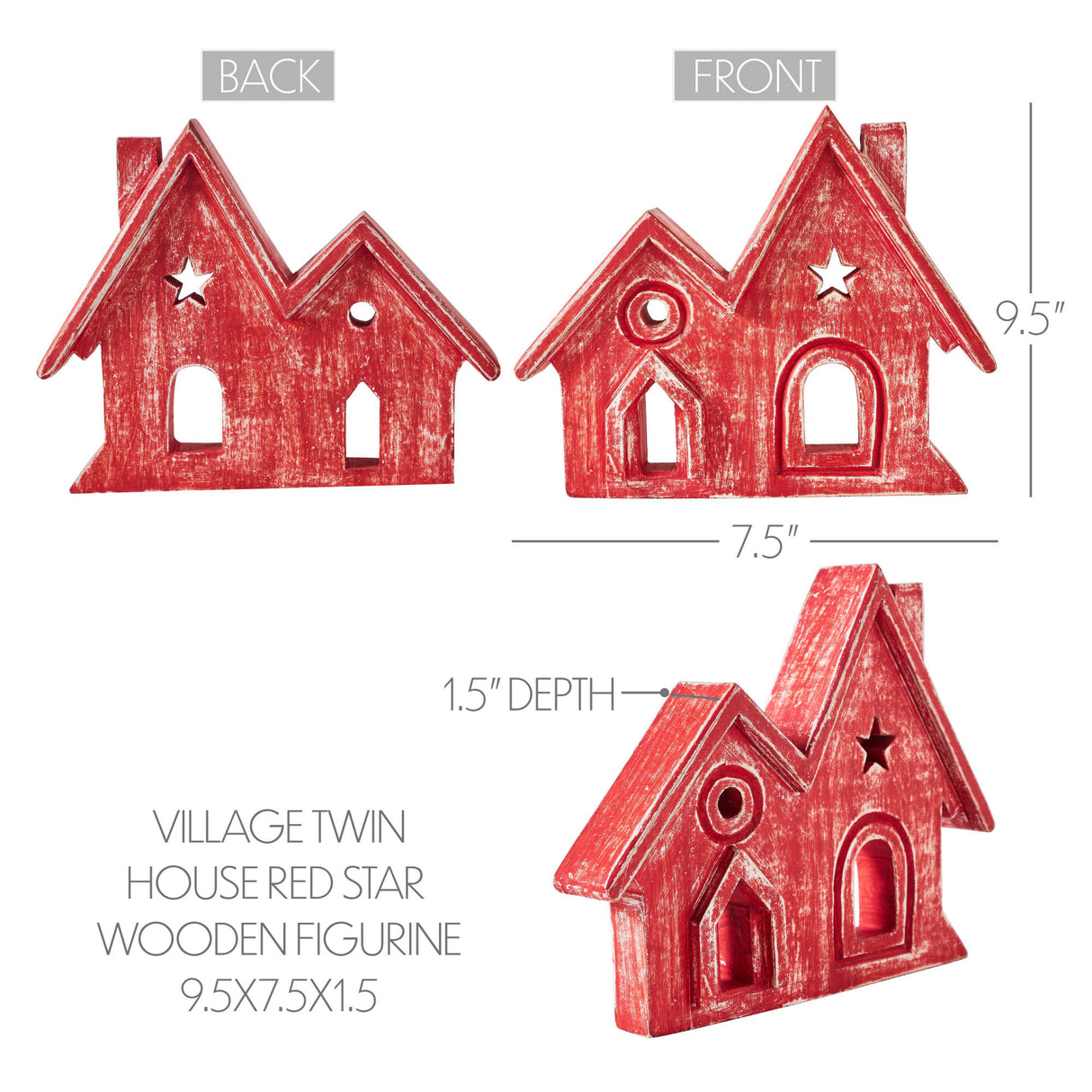 Village Twin House Red w/ Star Wooden Figurine 9.5x7.5x1.5