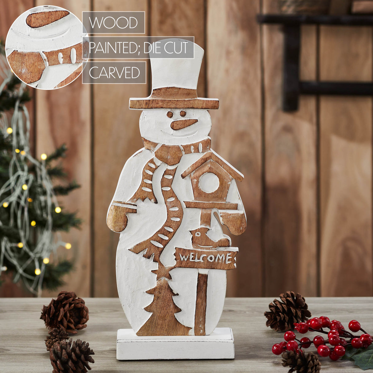 Snowman With Welcome Sign Carved Wooden Figurine 16x7x2.25