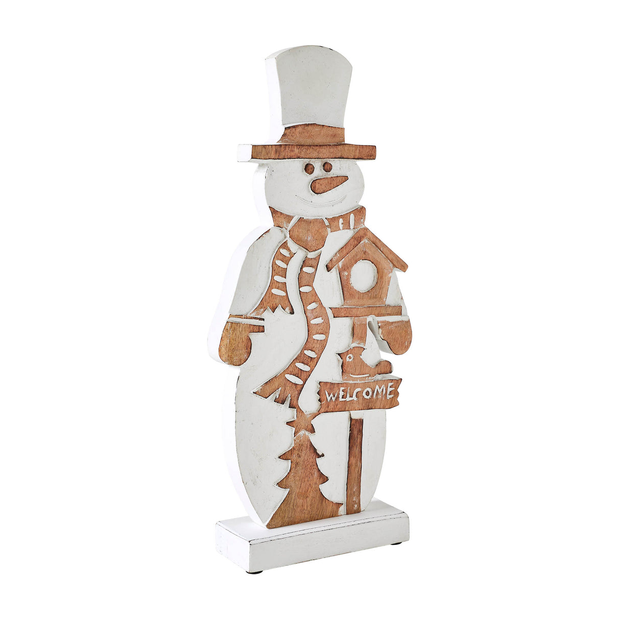 Snowman With Welcome Sign Carved Wooden Figurine 16x7x2.25