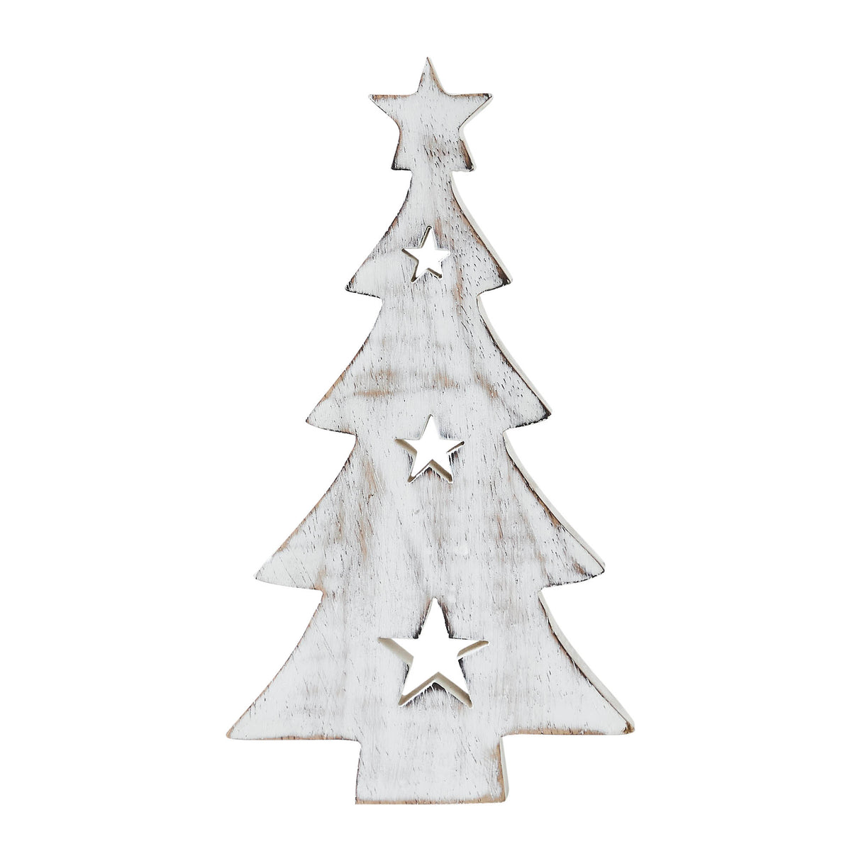 Christmas Tree w/ Stars White Wooden Figurine 10x5.75x1