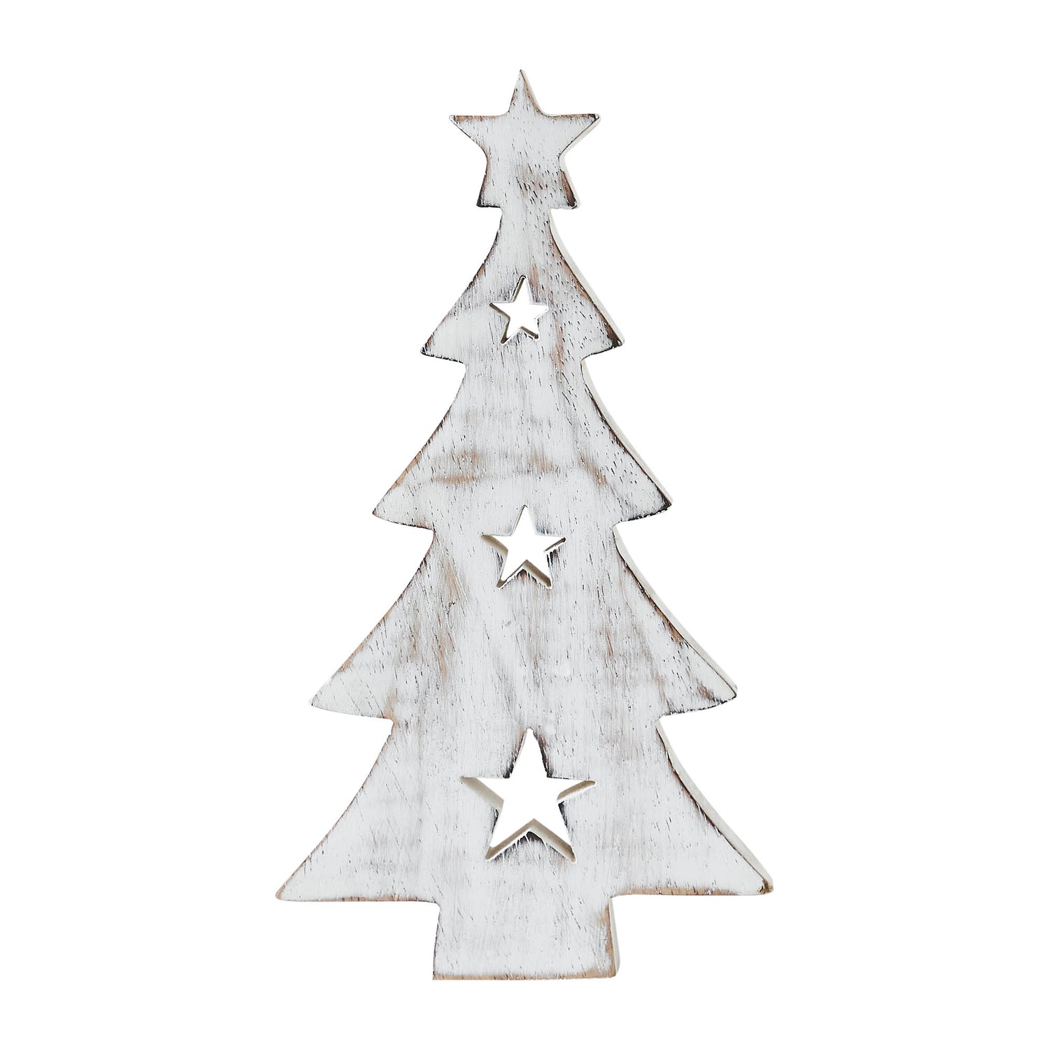 Christmas Tree w/ Stars White Wooden Figurine 10x5.75x1