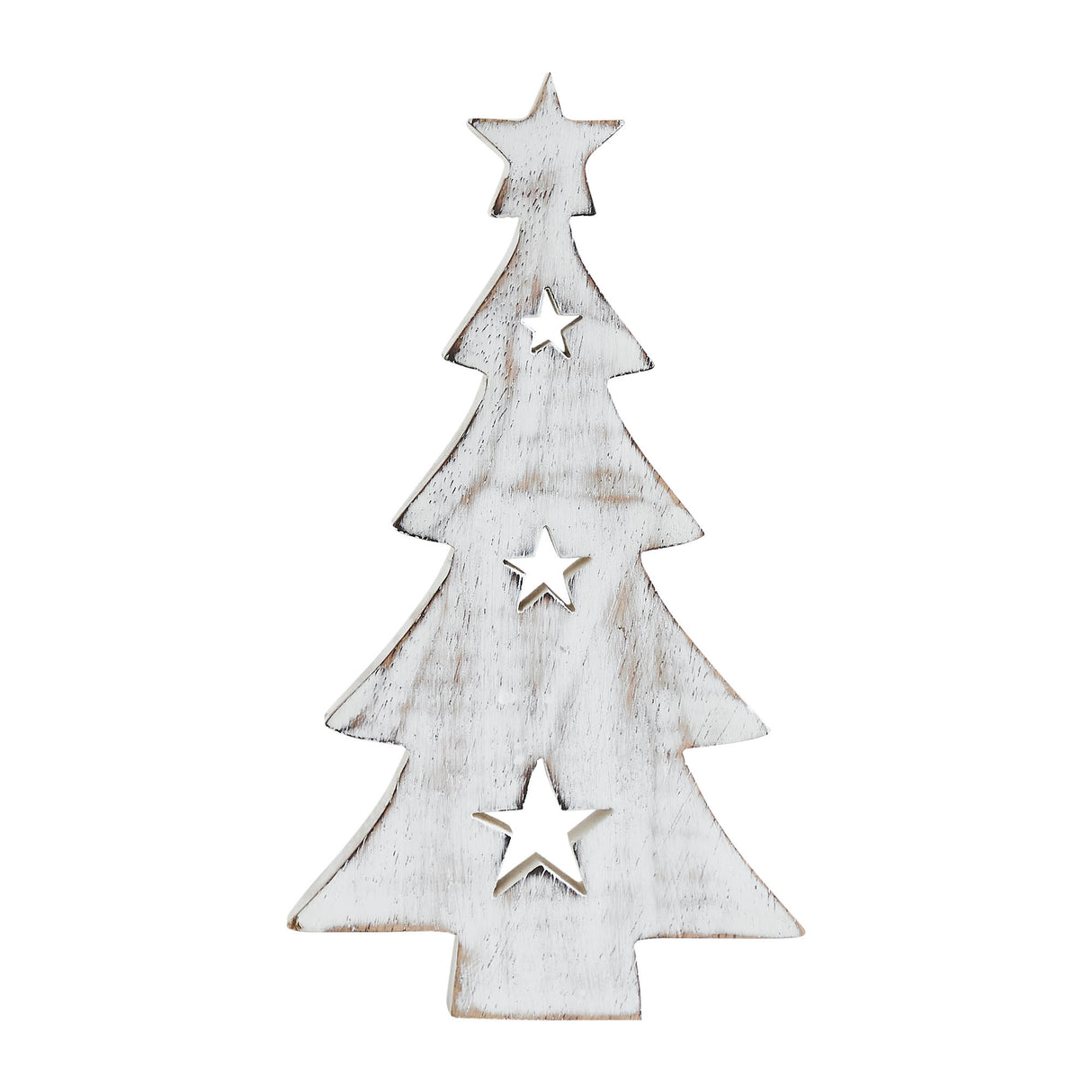 Christmas Tree w/ Stars White Wooden Figurine 10x5.75x1