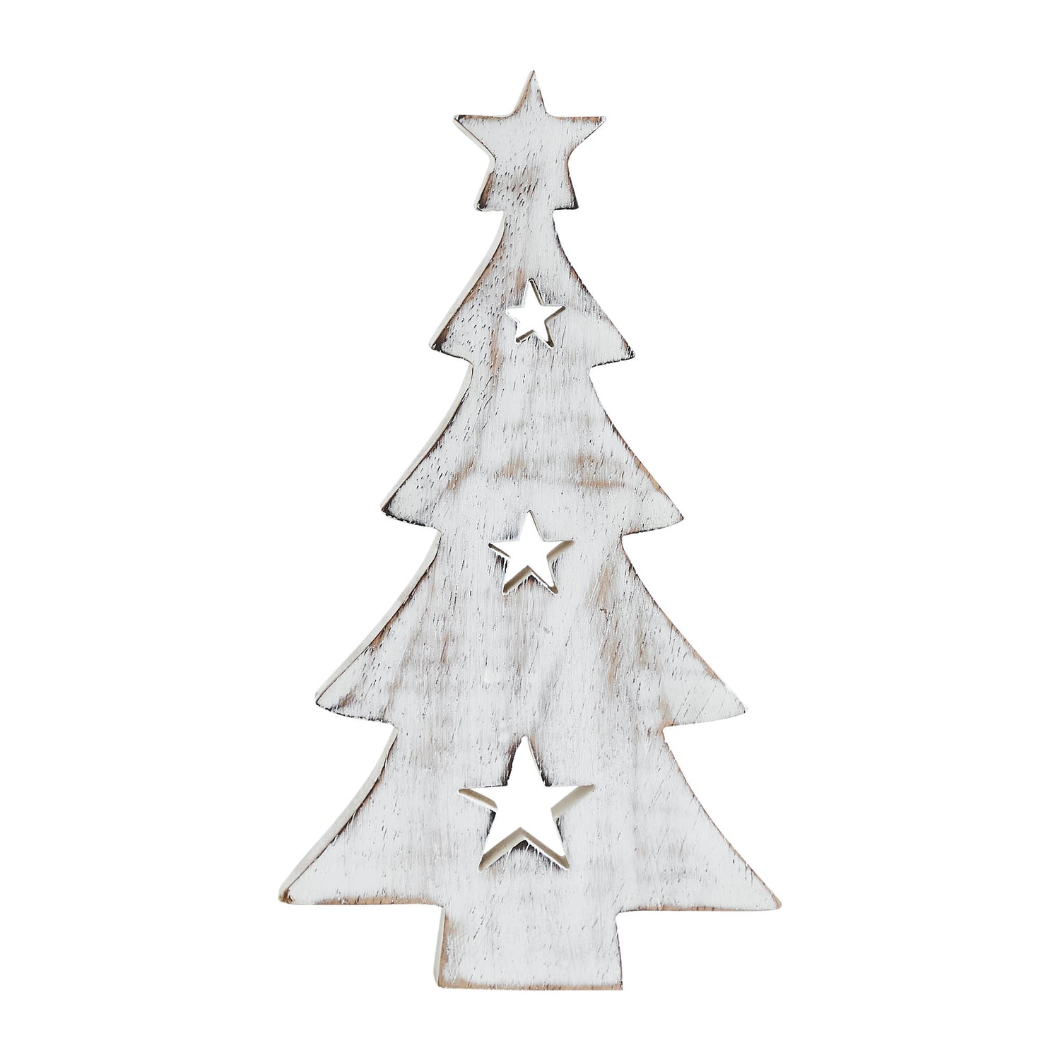 Christmas Tree w/ Stars White Wooden Figurine 10x5.75x1
