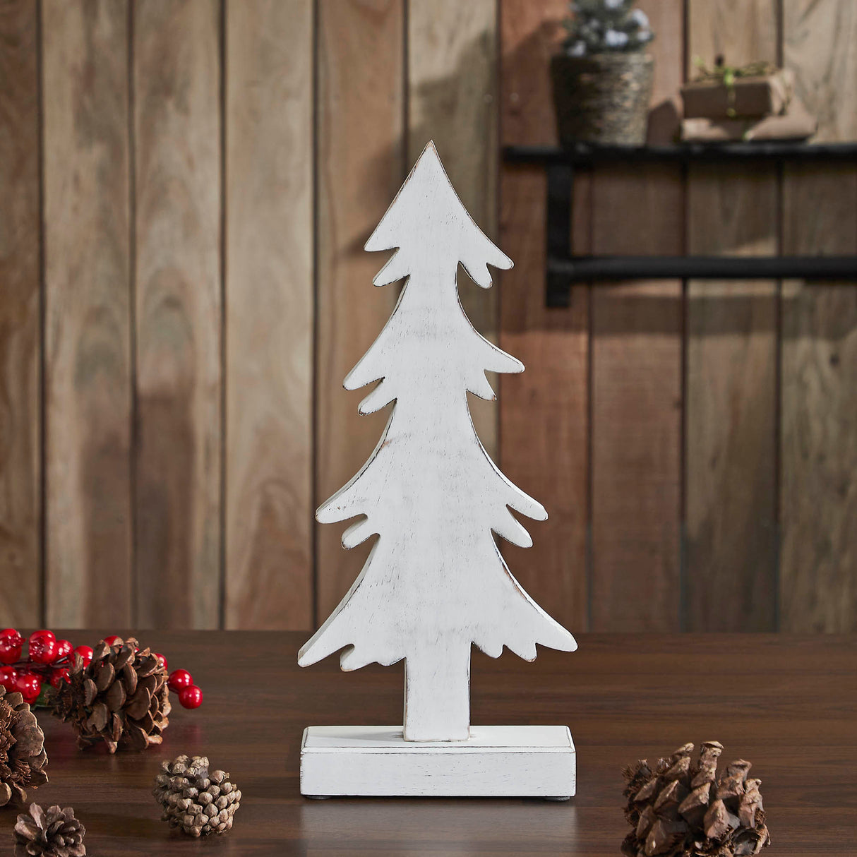 Christmas Evergreens White Wooden Figurine 16.5x7.25x2.5