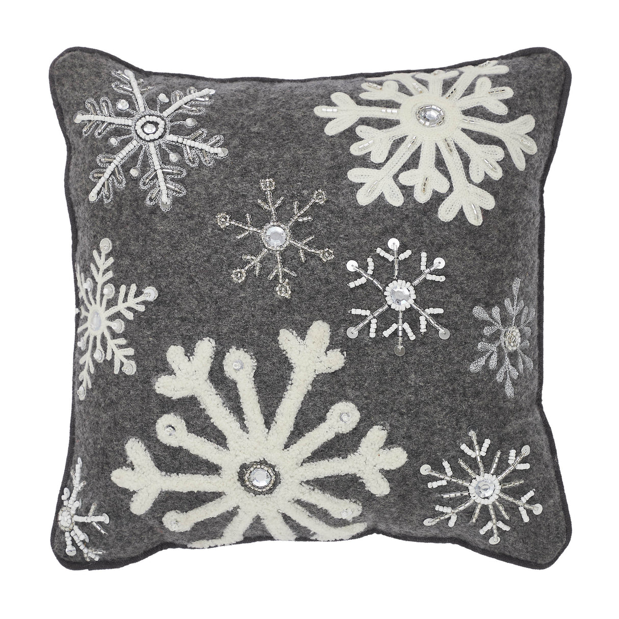 Snowflakes Grey Woolen Felt Pillow 12x12