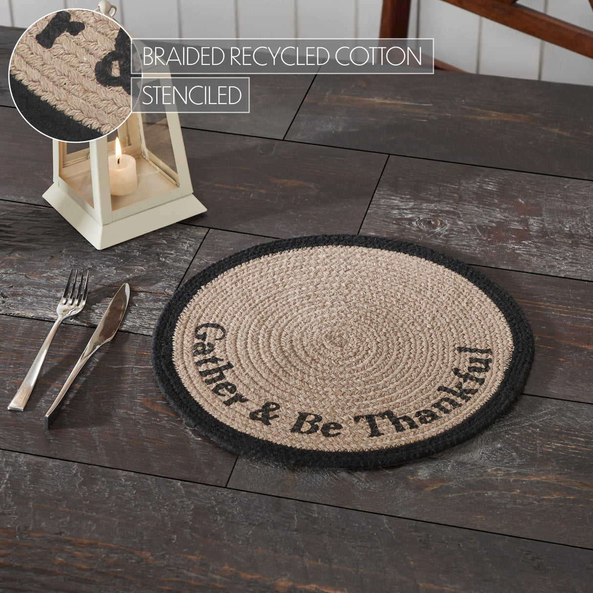 Braided Cotton Harvest Blessings Stencil Gather & Be Thankful Placemat 14 inch Diameter, Decorative Fall Placemat, Table Decor for Fall and Thanksgiving, 8 Pack 8 Pack