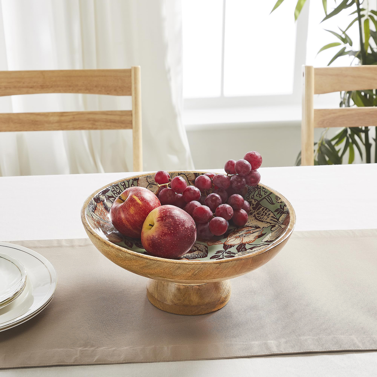 Natural with Bird Print Wooden Bowl 12x12x5.75