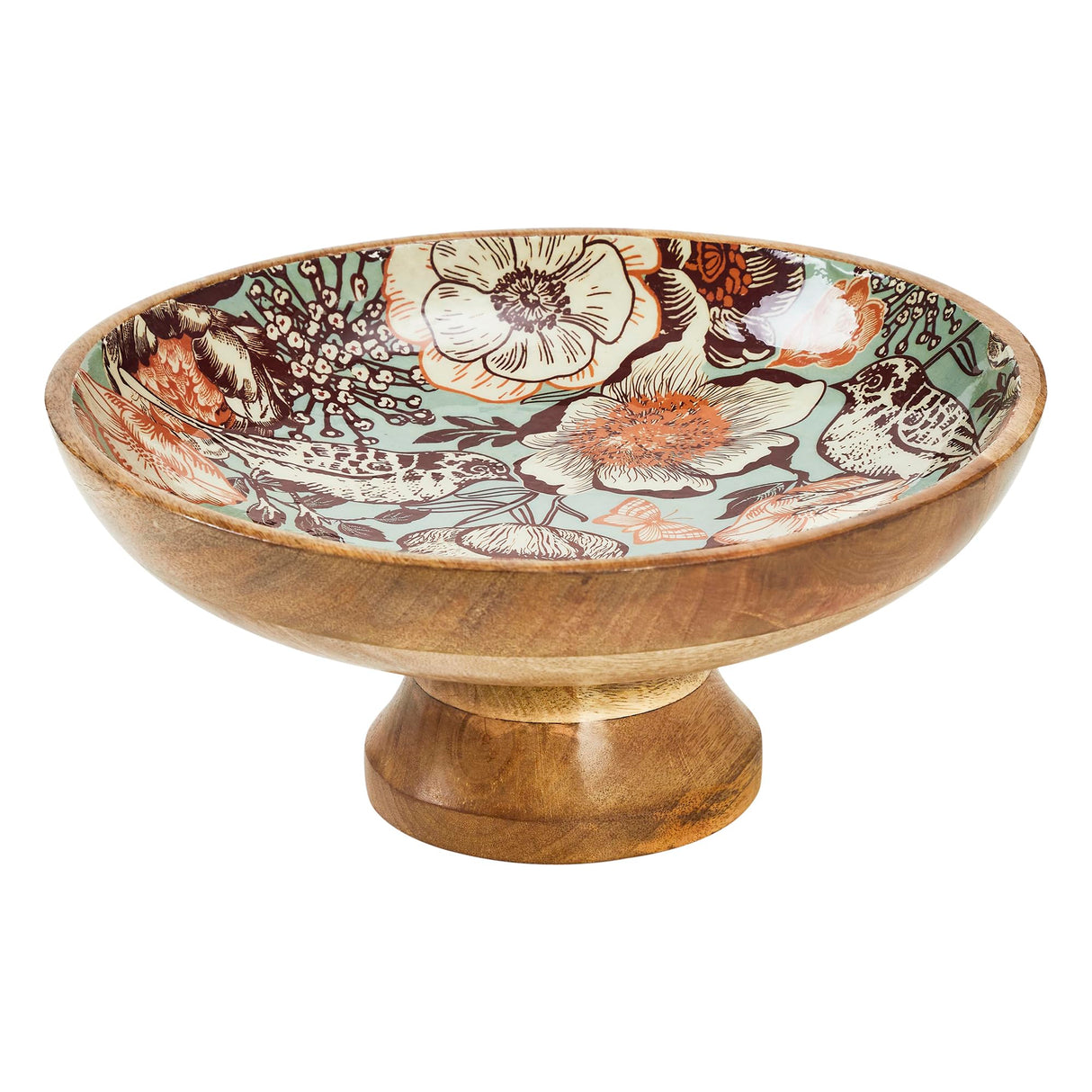 Natural with Bird Print Wooden Bowl 12x12x5.75