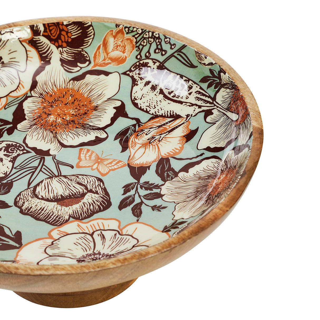 Natural with Bird Print Wooden Bowl 12x12x5.75