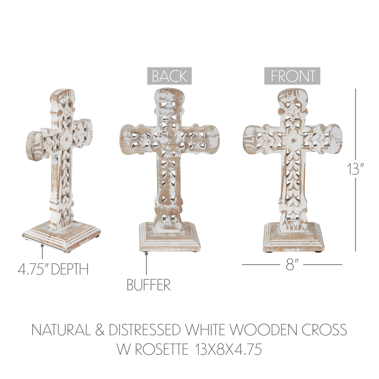 Natural & Distressed White Wooden Cross w/ Rosette Center & Base 13x8x5
