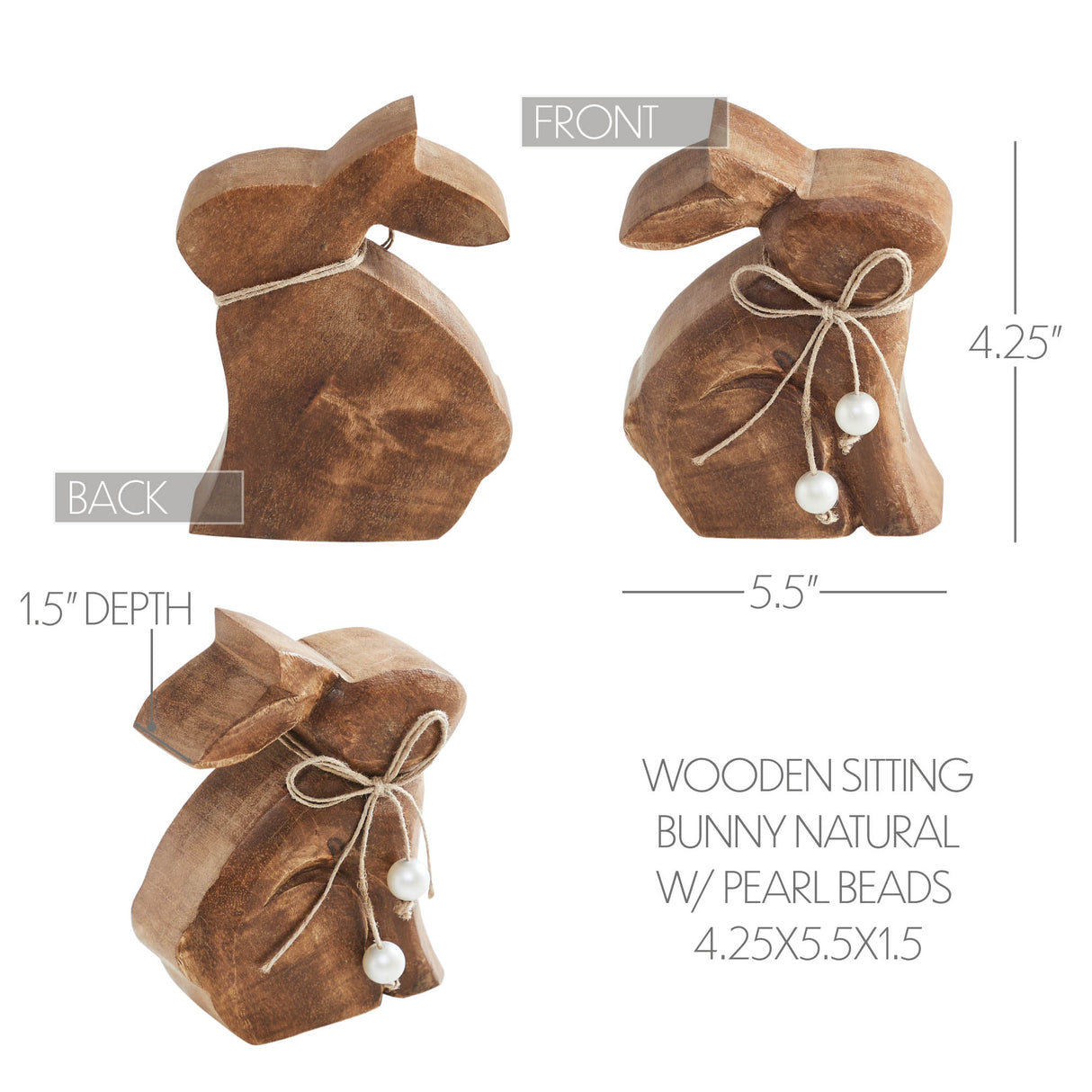 VHC Brands Bunny Hop 2PC Bunny Hop Wooden Sitting Bunny Natural w/ Pearl Bead ,Small and Large