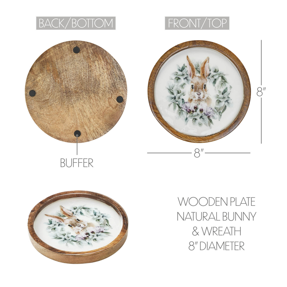 VHC Brands Bunny Hop 3PC Bunny Hop Wooden Plate Natural w/ Bunny & Wreath ,Small Meduim and Large