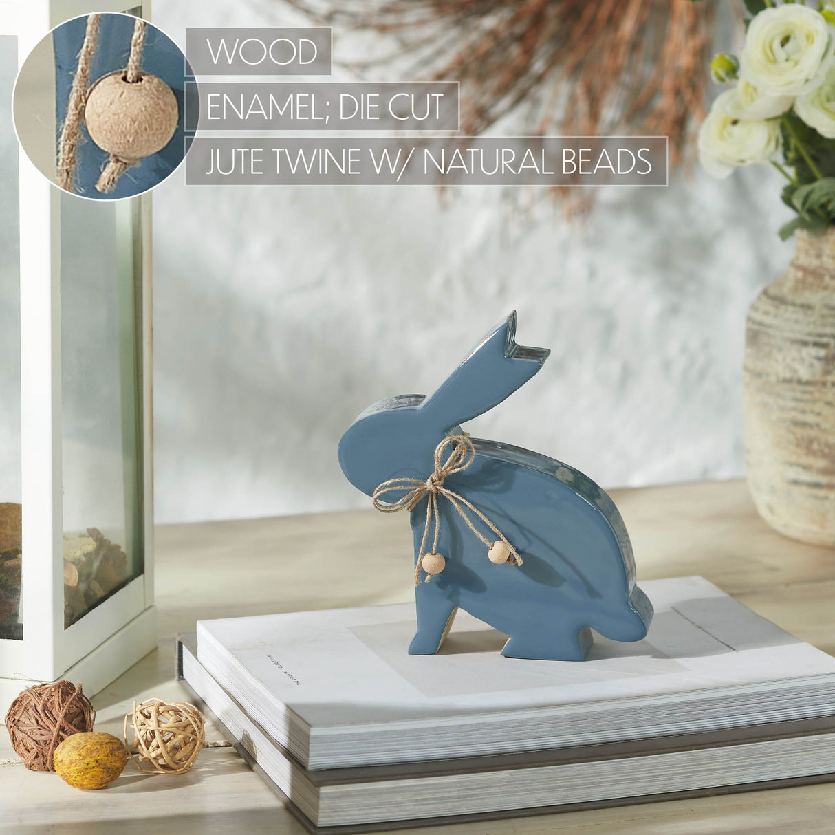 VHC Brands Bunny Hop 2PC Bunny Hop Wooden Enamel Bunny w/ Natural Beads ,Small and Large