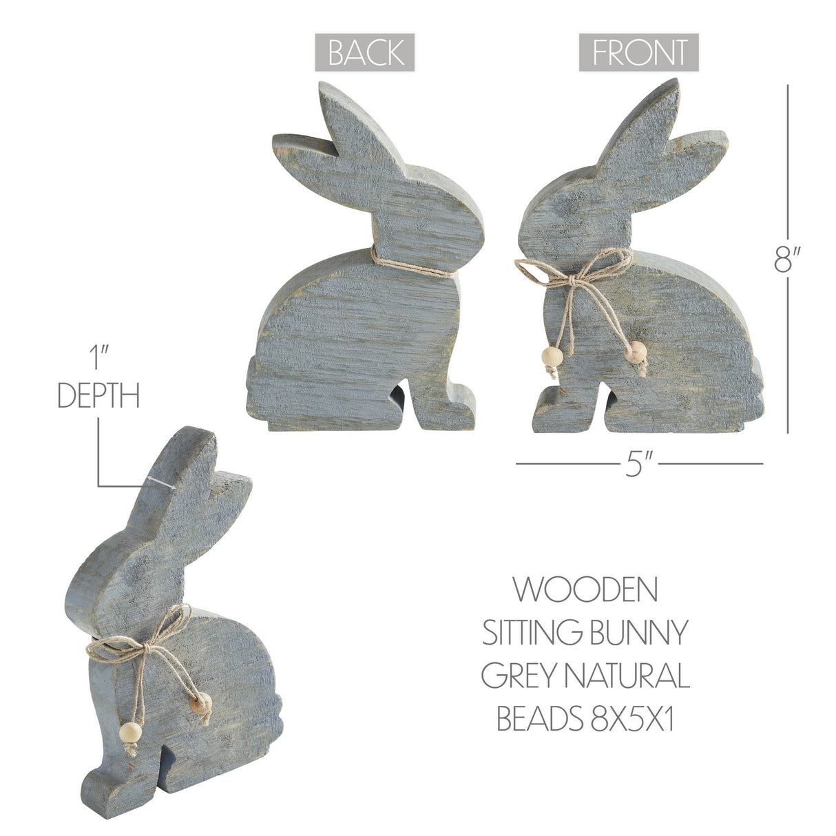 VHC Brands Bunny Hop 2PC Bunny Hop Wooden Sitting Bunny Grey w/ Natural Beads ,Small and Large
