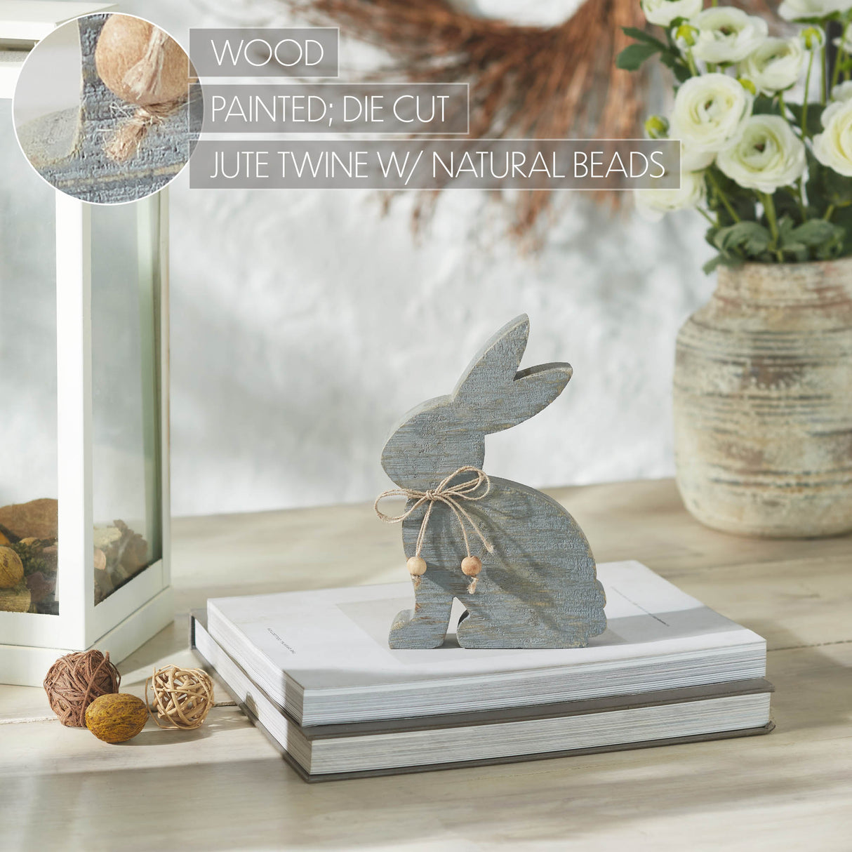 Bunny Hop Wooden Sitting Bunny Grey w/ Natural Beads 8x5x1