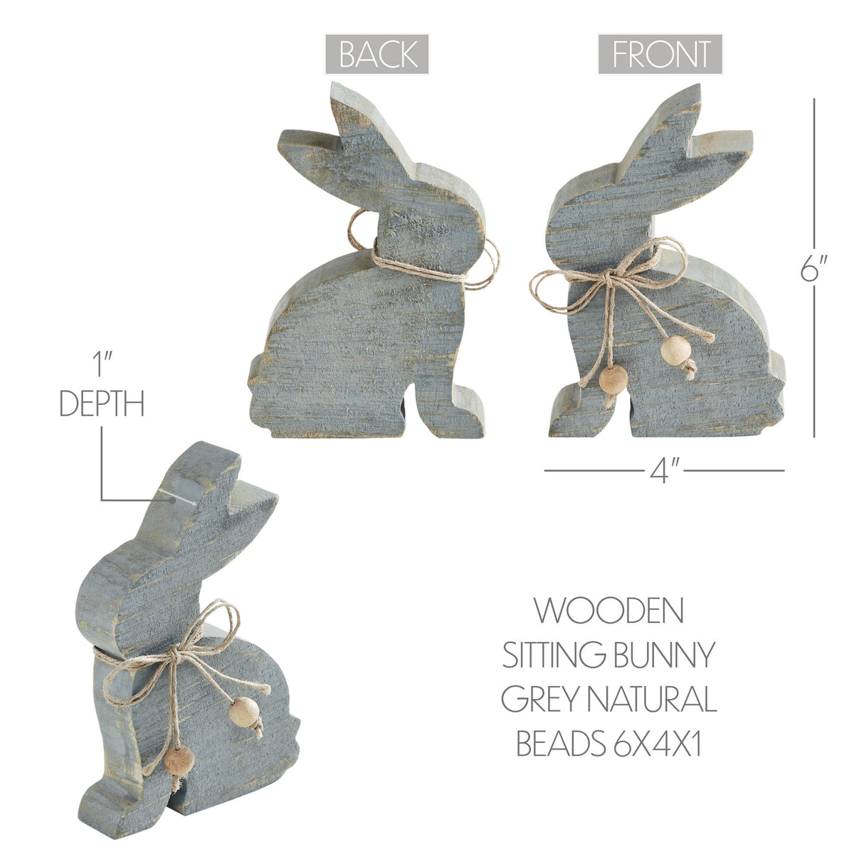 VHC Brands Bunny Hop 2PC Bunny Hop Wooden Sitting Bunny Grey w/ Natural Beads ,Small and Large