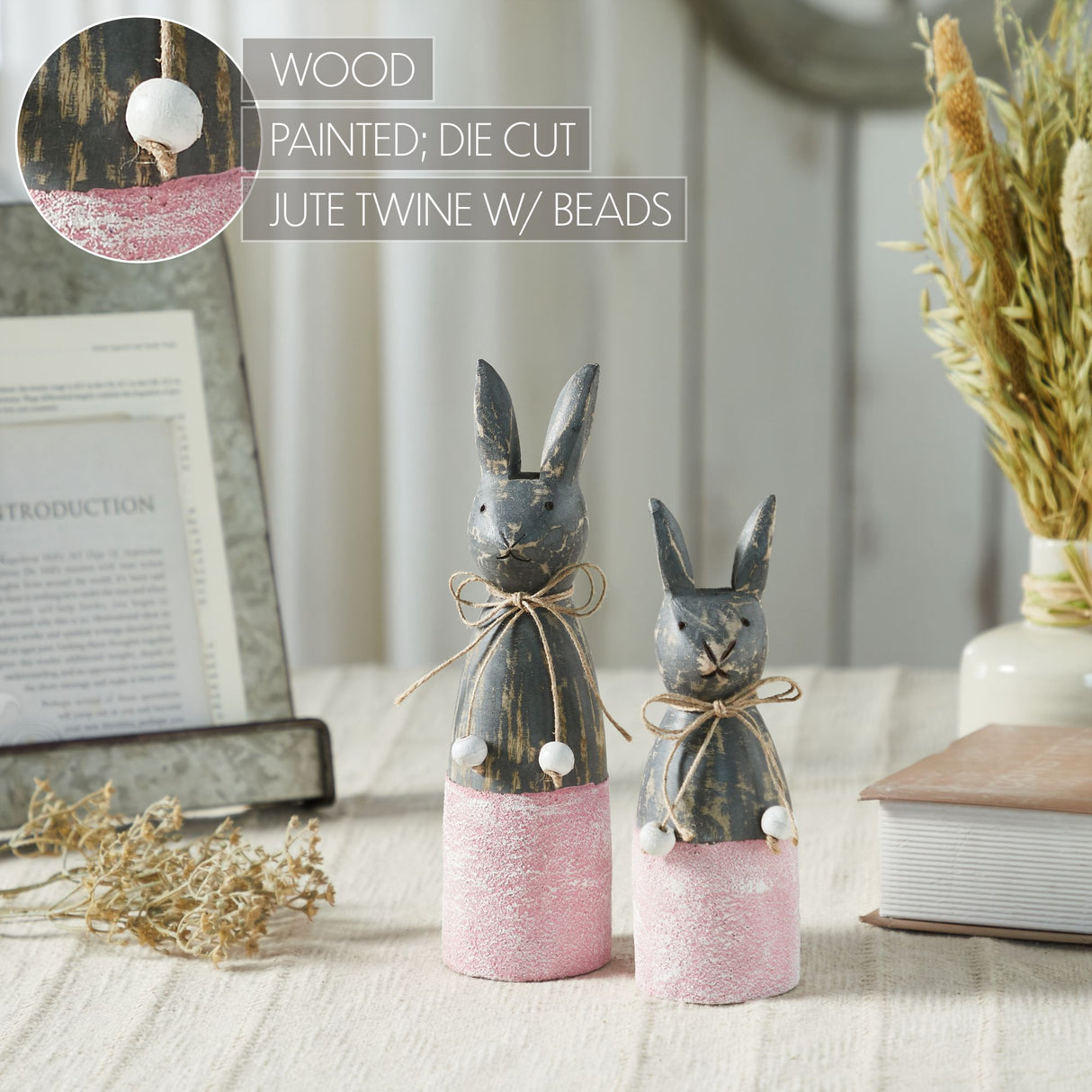 Spring In Bloom Wooden Cone Bunnies w/ Pink Base Set of 2 Sizes