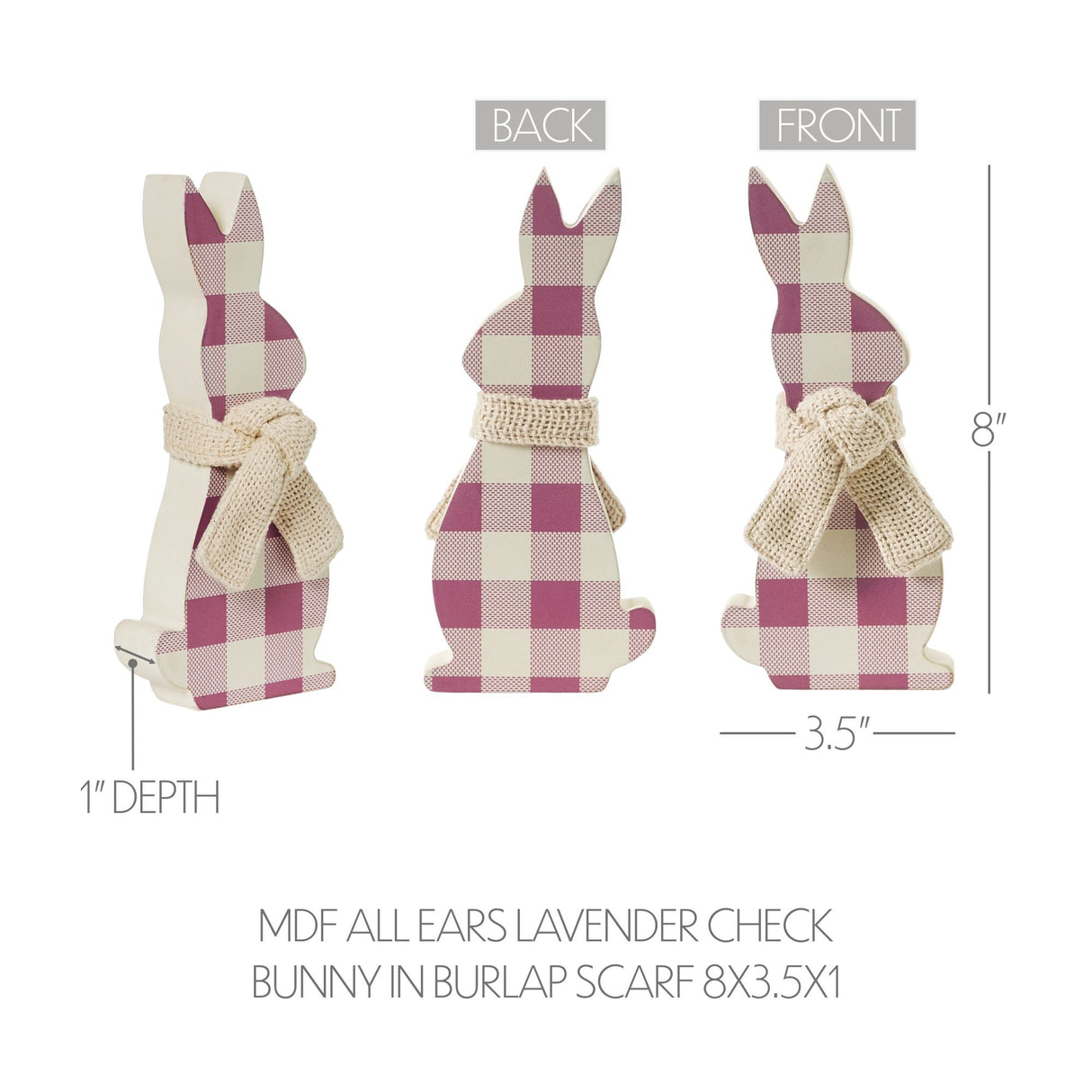 VHC Brands Bunny Hop 2PC Bunny Hop MDF All Ears Lavender Check Bunny In Burlap Scarf ,Small and Large