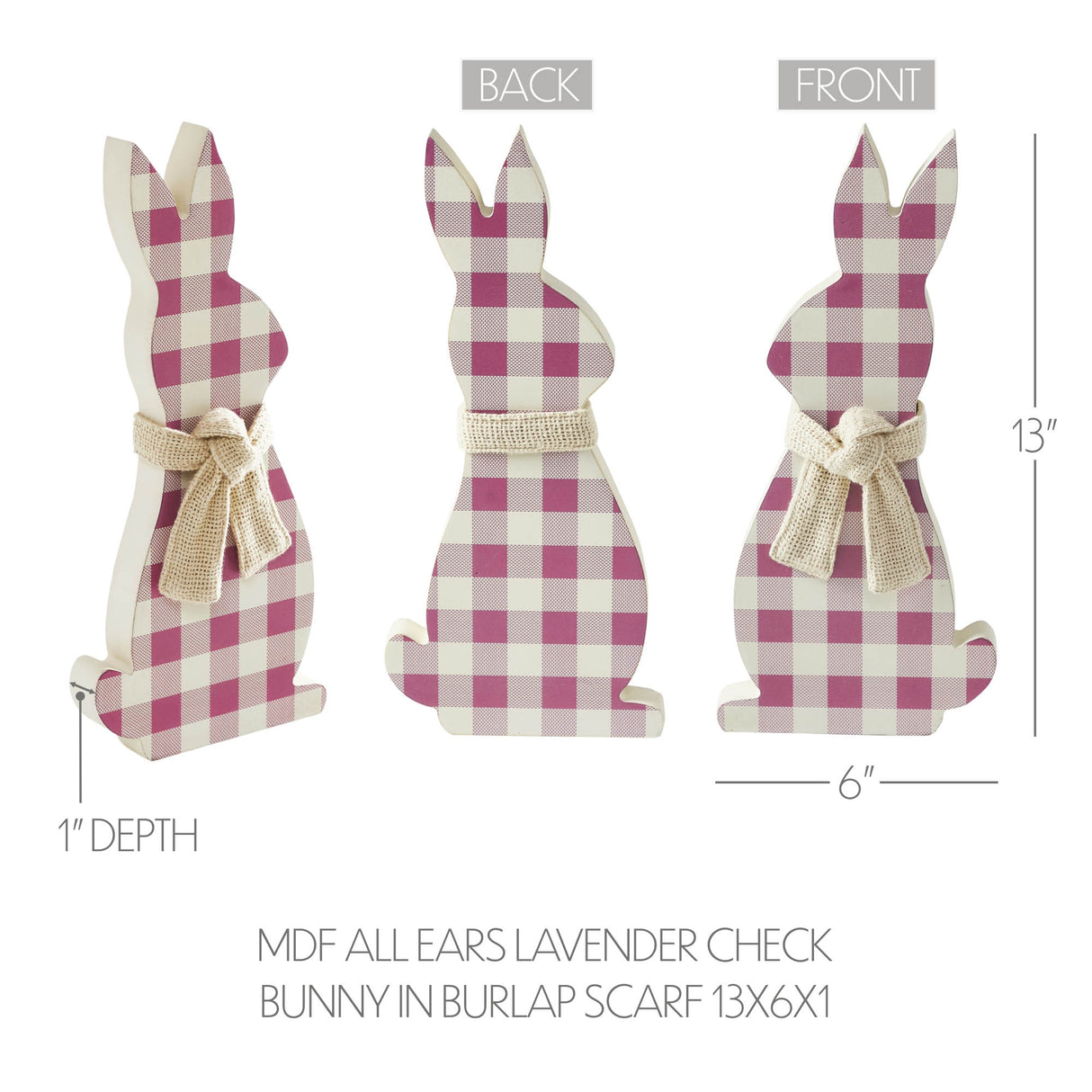 VHC Brands Bunny Hop 2PC Bunny Hop MDF All Ears Lavender Check Bunny In Burlap Scarf ,Small and Large