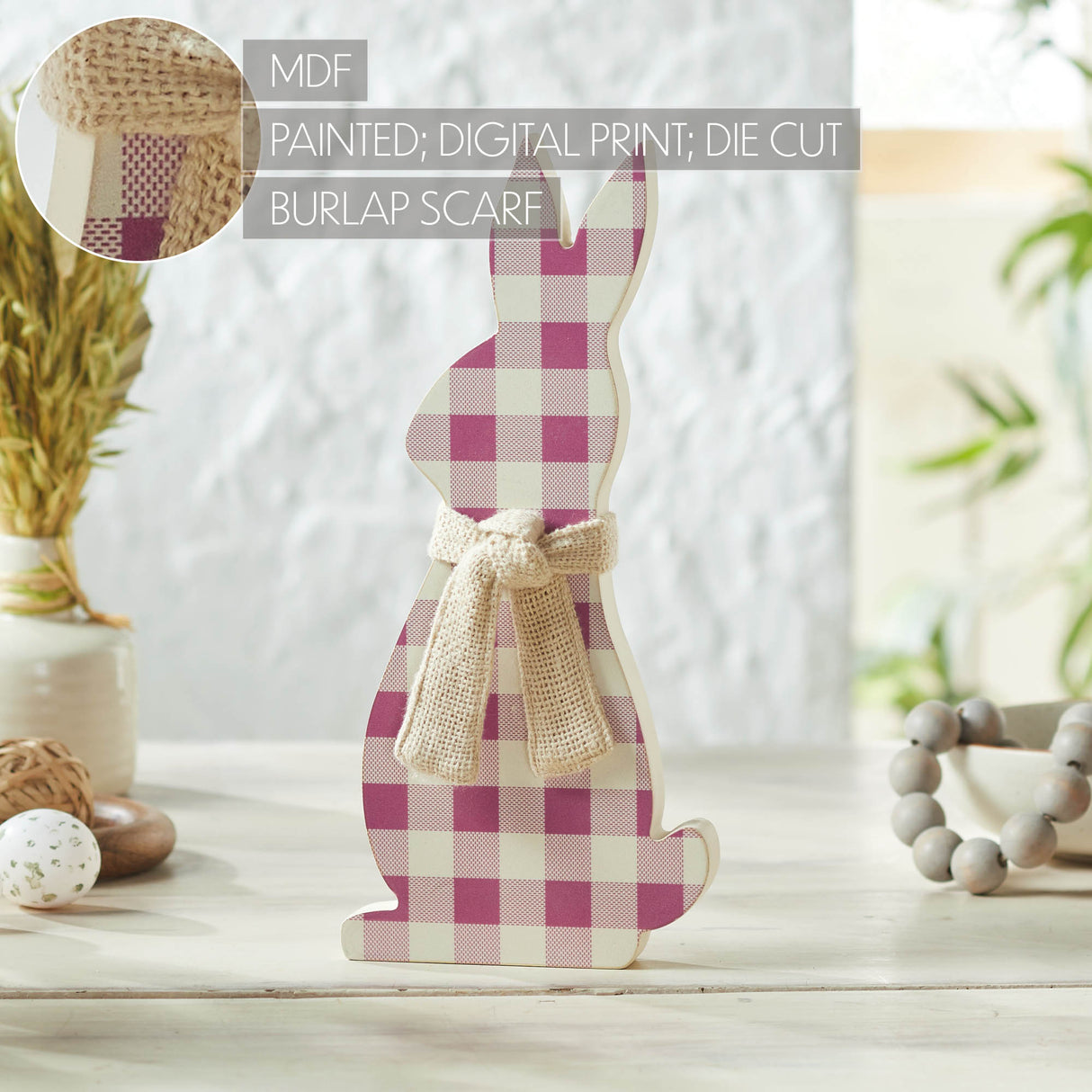 VHC Brands Bunny Hop 2PC Bunny Hop MDF All Ears Lavender Check Bunny In Burlap Scarf ,Small and Large