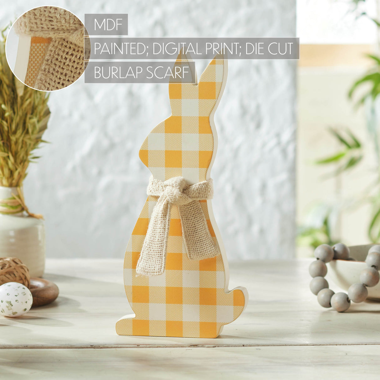 VHC Brands Bunny Hop 2PC Bunny Hop MDF All Ears Honey Check Bunny In Burlap Scarf ,Small and Large
