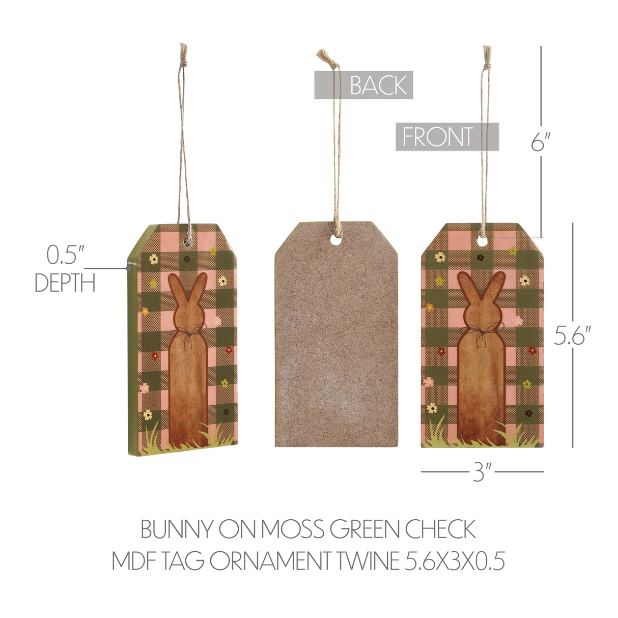 Bunny Hop Bunny on Moss Green Check MDF Tag Ornament w/ Twine 5.6x3x0.5