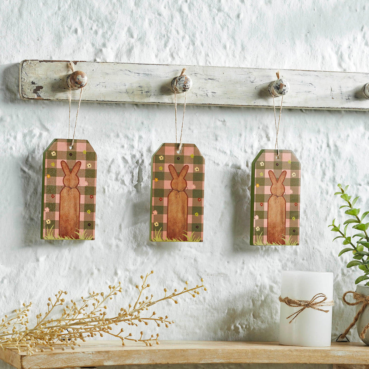 Bunny Hop Bunny on Moss Green Check MDF Tag Ornament w/ Twine 5.6x3x0.5