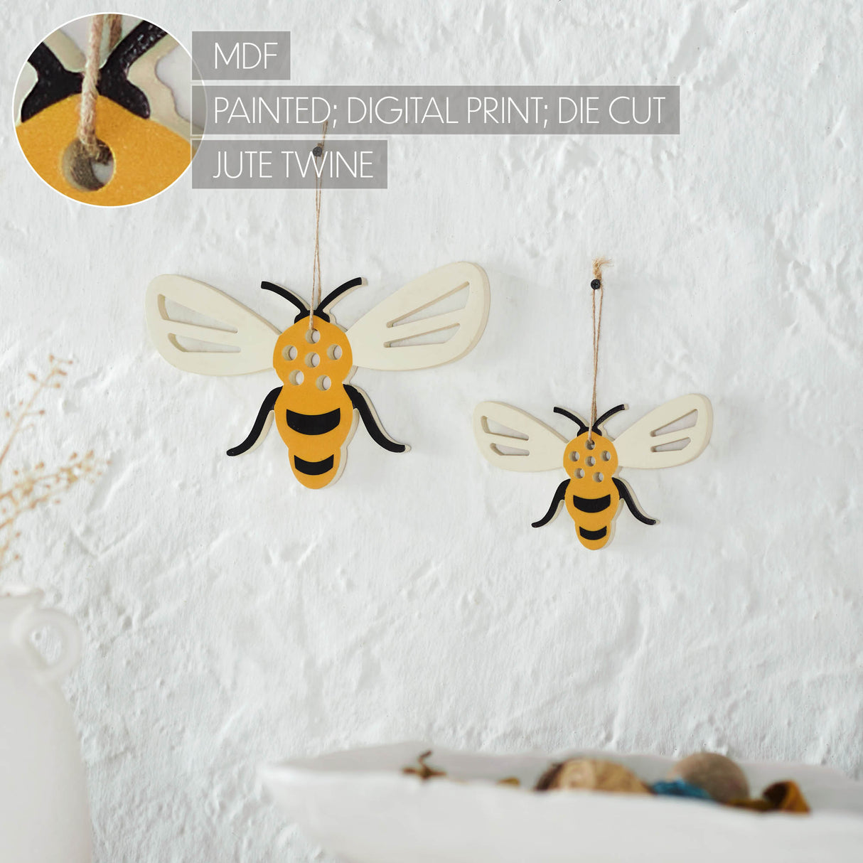 Buzzy Bees Bee Shaped MDF Wall Hanging w/ Twine Set of 2 Sizes