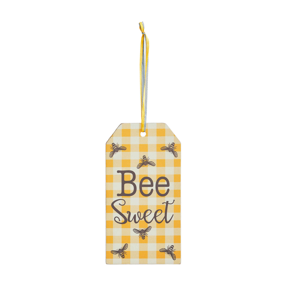 Buzzy Bees Bee Sweet Honey Check MDF Tag Ornament w/ Ribbon 7x3.75x0.5