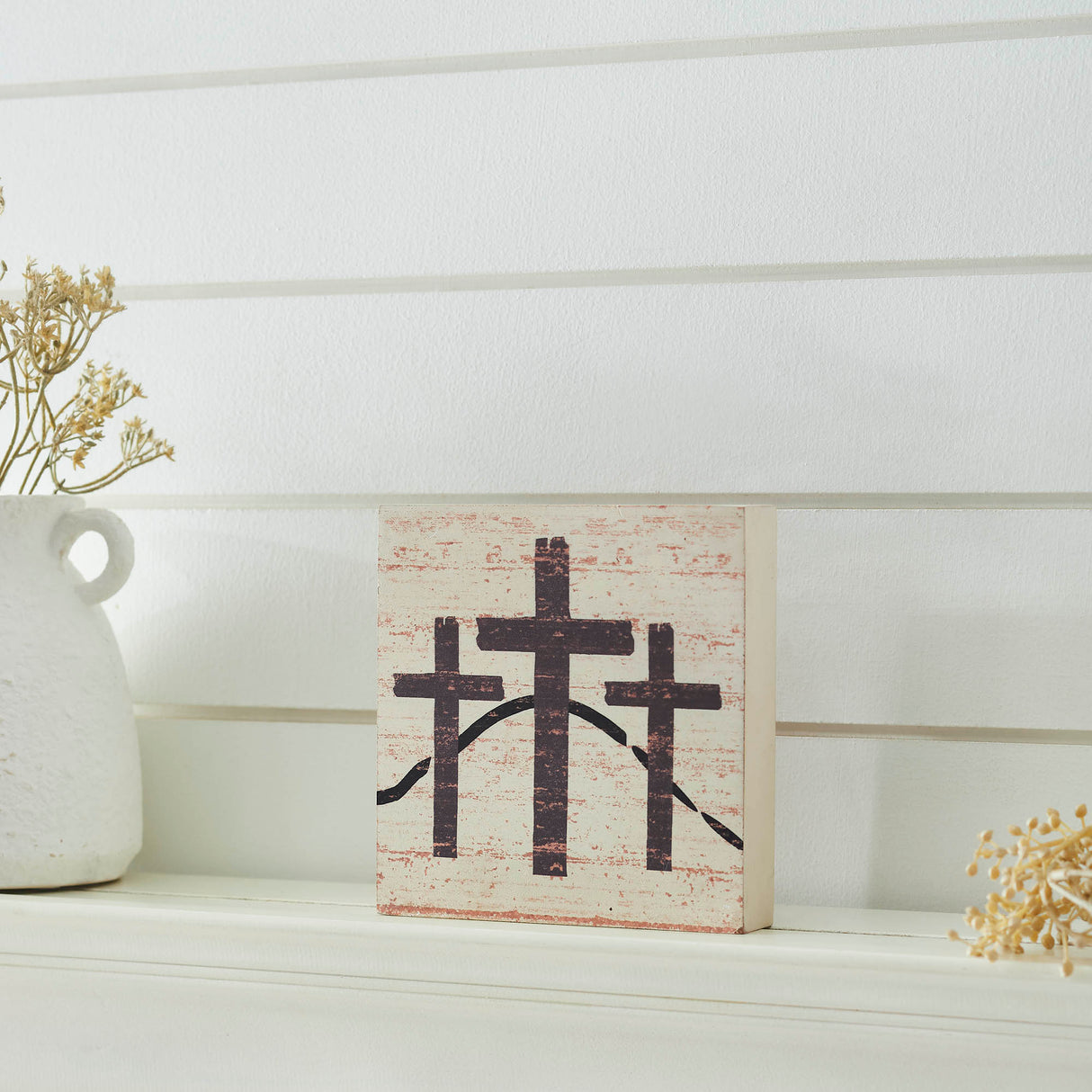 Celebrate Grace 3 Crosses Distressed Antique White MDF Block Sign 6x6x1