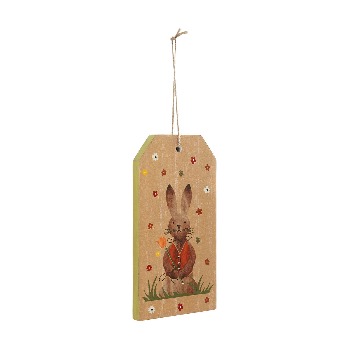 Spring In Bloom Bunny In Vest MDF Tag Ornament w/ Twine 7x3.75x0.5