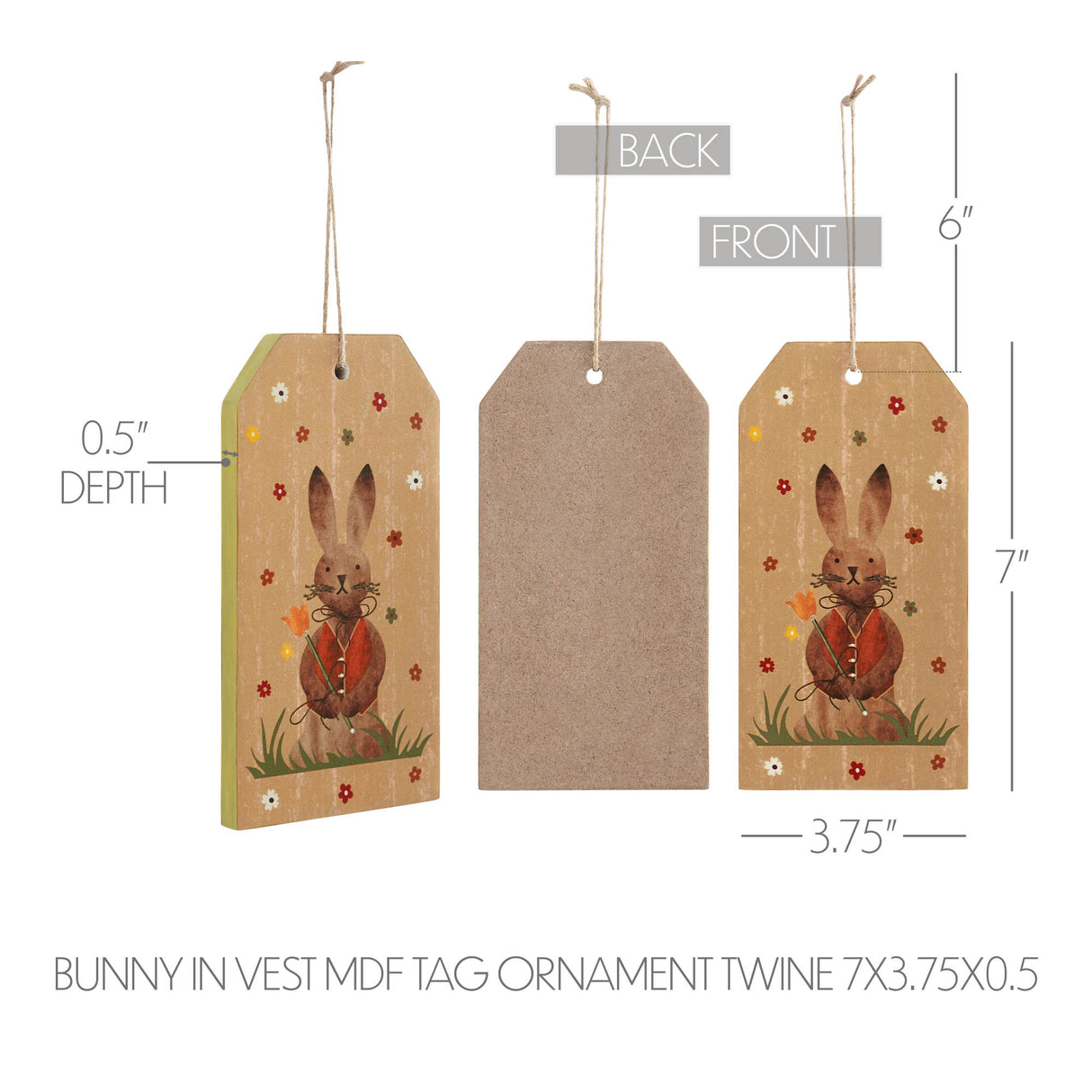 Spring In Bloom Bunny In Vest MDF Tag Ornament w/ Twine 7x3.75x0.5