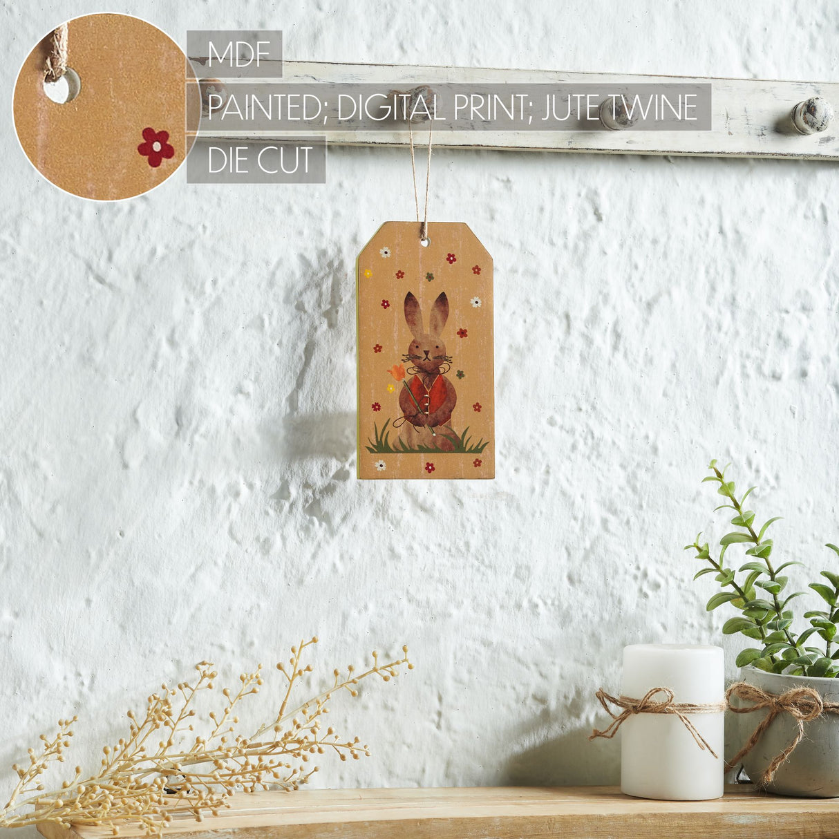 Spring In Bloom Bunny In Vest MDF Tag Ornament w/ Twine 7x3.75x0.5