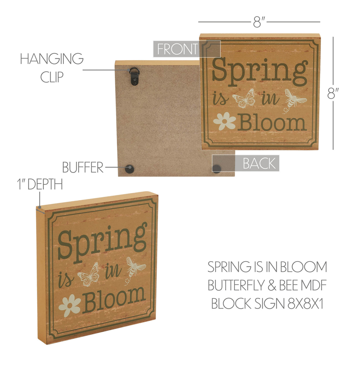 Spring In Bloom Spring Is In Bloom w/ Butterfly & Bee MDF Block Sign 8x8x1