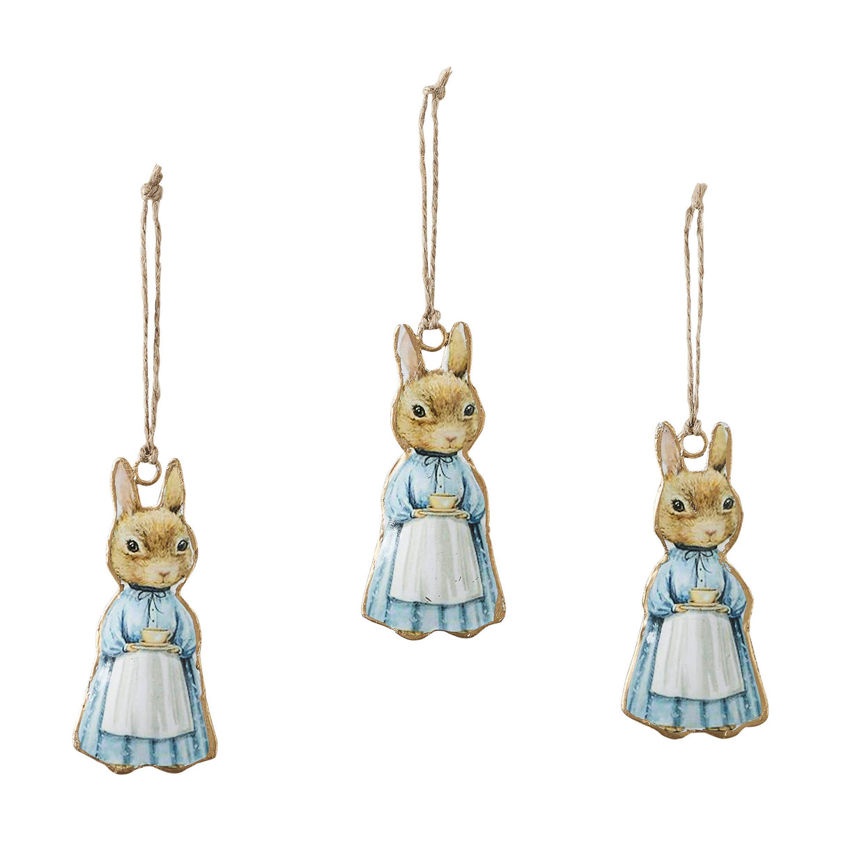 Bunny Hop Metal Apron Rabbit Ornament Set of 3 4x2