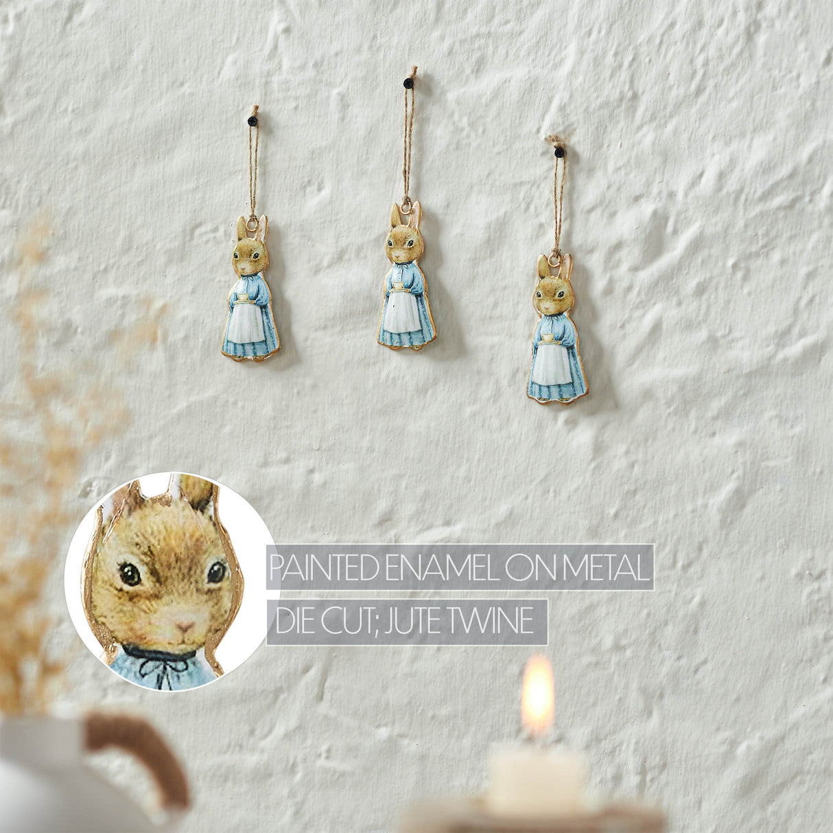 Bunny Hop Metal Apron Rabbit Ornament Set of 3 4x2