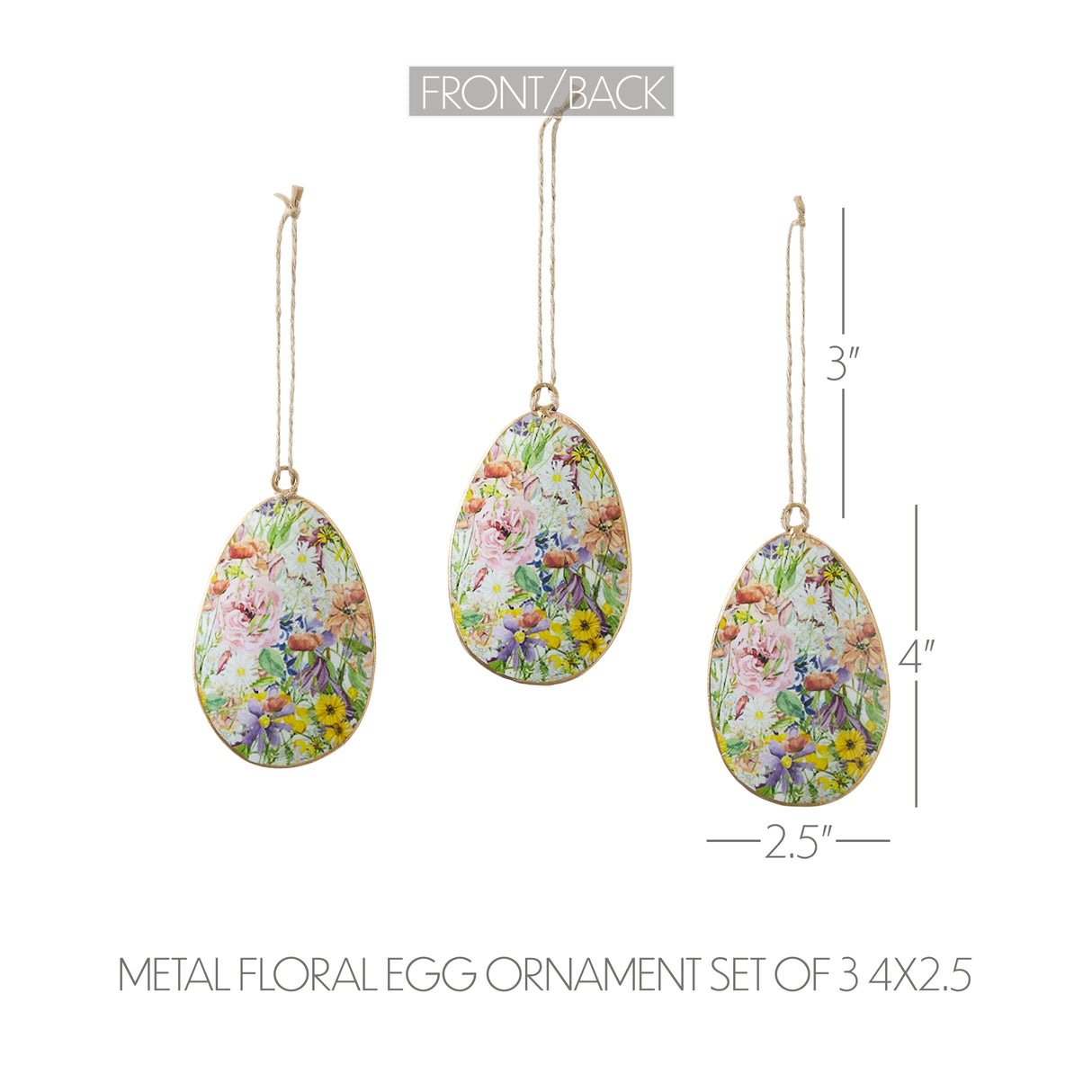 Spring In Bloom Metal Floral Egg Ornament Set of 3 4x2.5