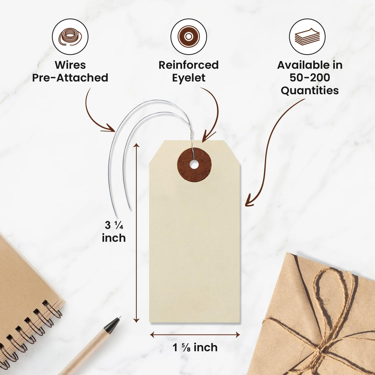 9pt Creme Manila Tag w/ Wire Hanger Set of 200 Size #2