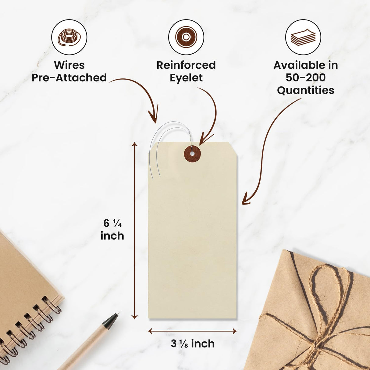 9pt Creme Manila Tag w/ Wire Hanger Set of 100 Size #8