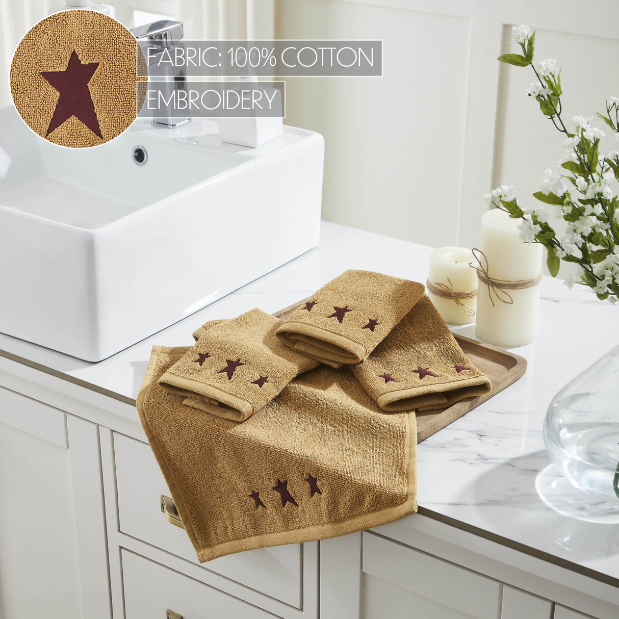 Burgundy Prim Stars Tan Washcloth Set of 4 12x12
