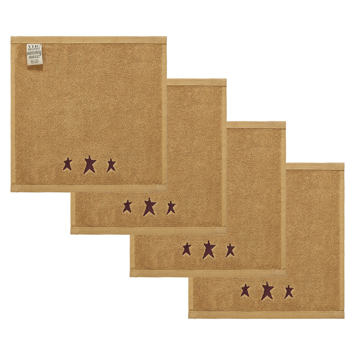 Burgundy Prim Stars Tan Washcloth Set of 4 12x12
