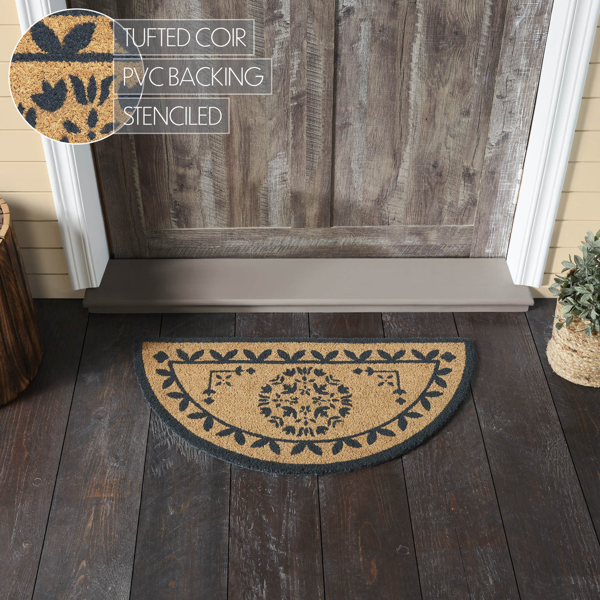 Charleston Mosaic Charcoal Coir Rug Half Circle 16.5x33