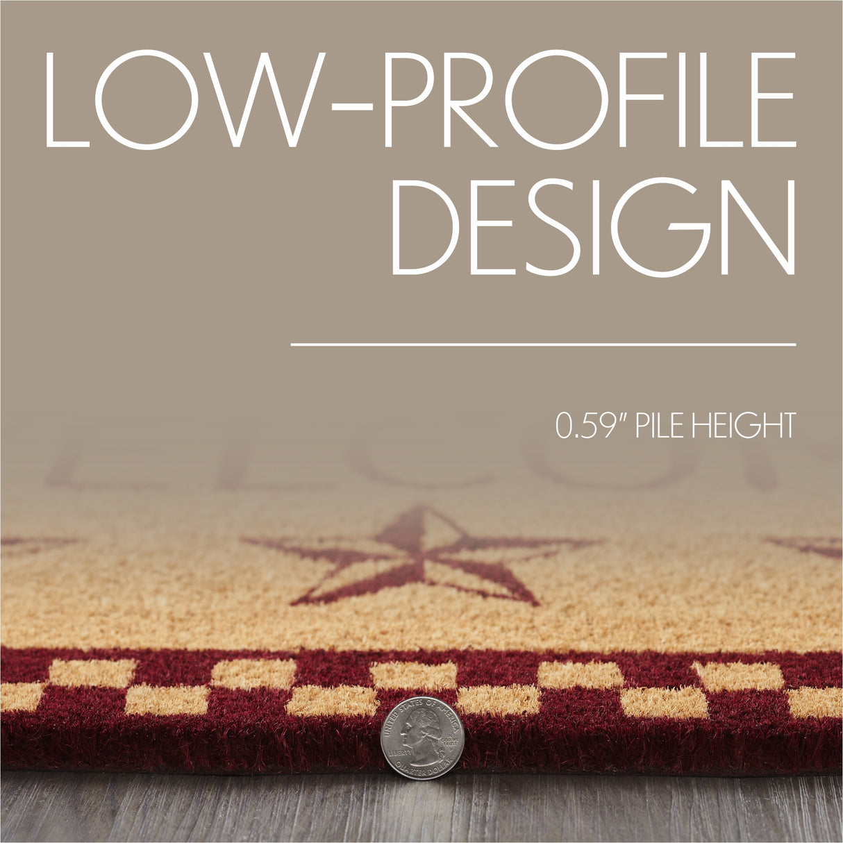 Burgundy Check Stars Coir Welcome Rug Half Circle 16.5x33