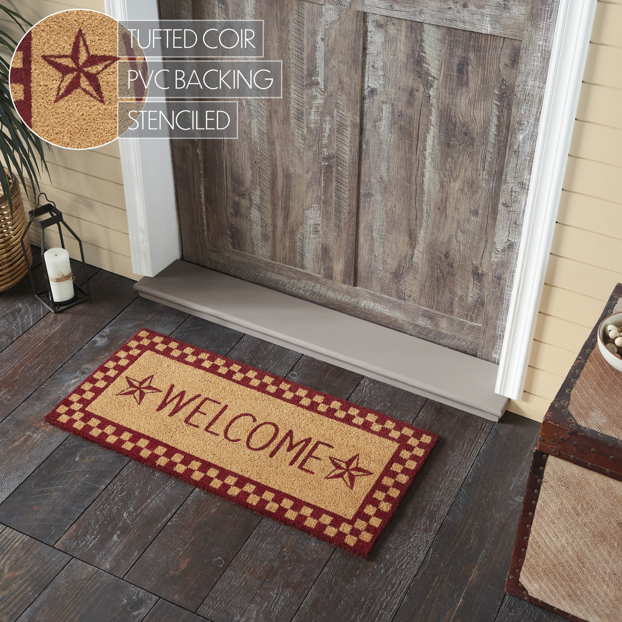 Burgundy Check Stars Coir Welcome Rug Rect 17x36